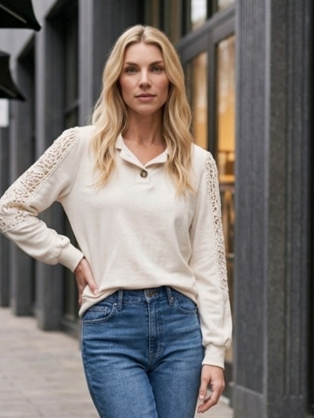 Knox Rose Ivory Henley Pullover w/Puff Shoulders and Crochet Lace Longsleeve M